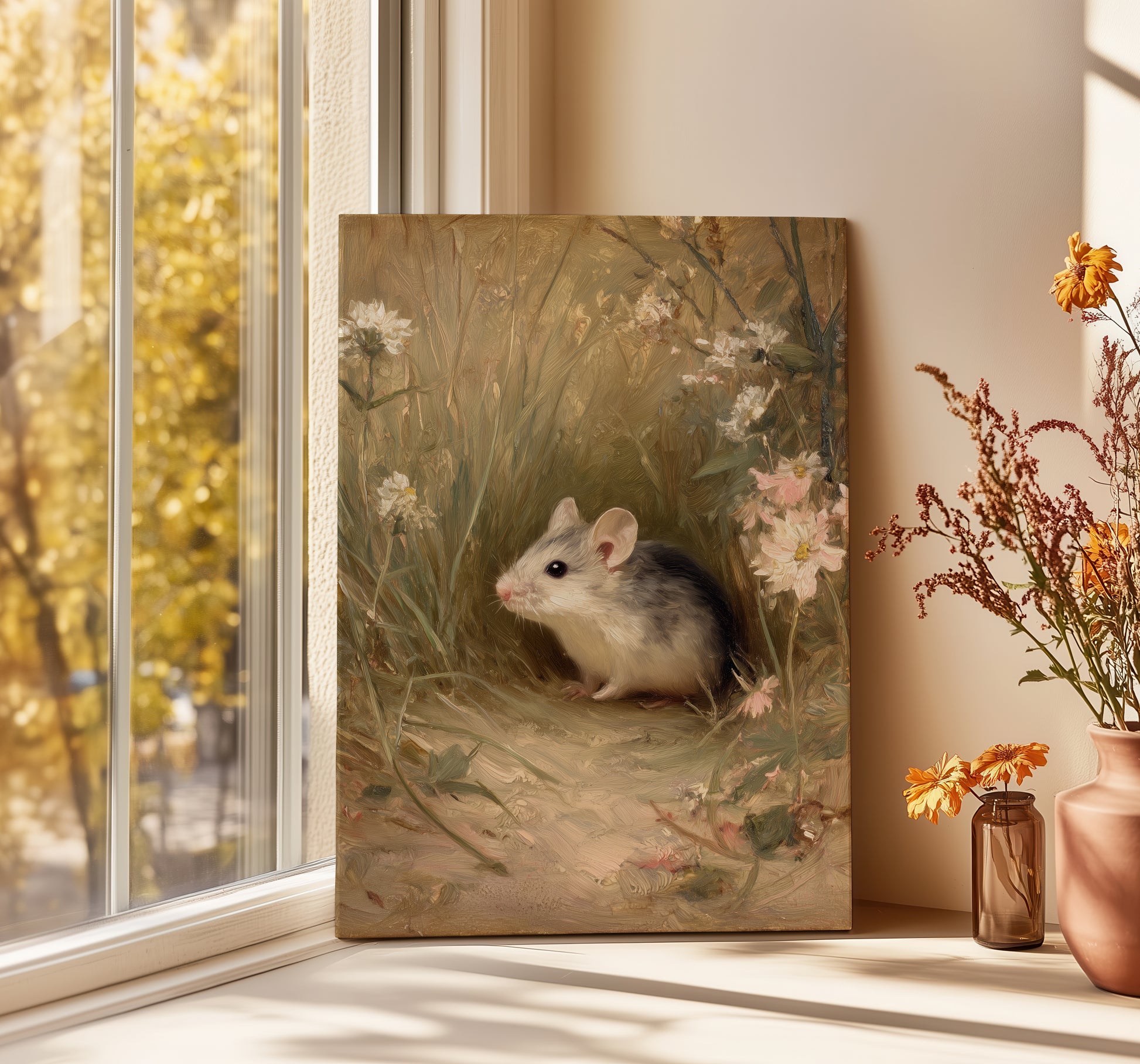 Floral Field Mouse CANVAS ART Picture Print Rustic Decor