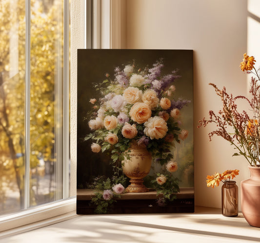 Floral painting on a wall next to a window with natural light
