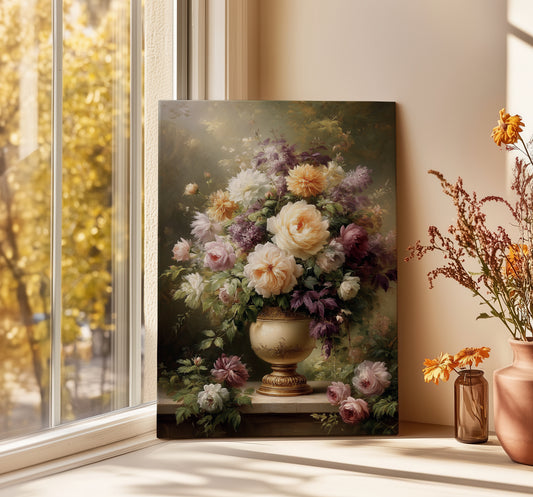 Floral painting on a wall with a vase of flowers and a window in the background