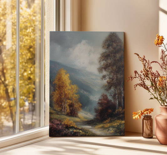 Painting of a landscape with trees and mountains in a room with a window and decorative vases.