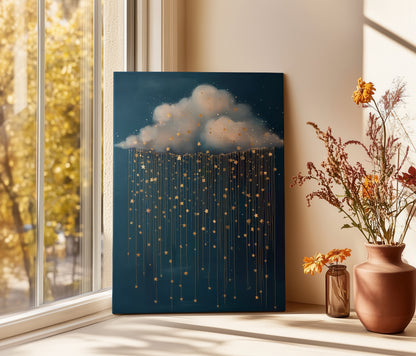 Rain Cloud Canvas Print – Minimalist Wall Art - Maximalist Home Decor - Gold Stars Framed Canvas