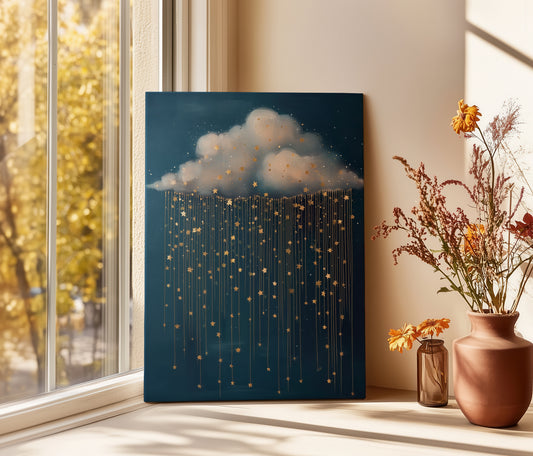 Rain Cloud Canvas Print – Minimalist Wall Art - Maximalist Home Decor - Gold Stars Framed Canvas