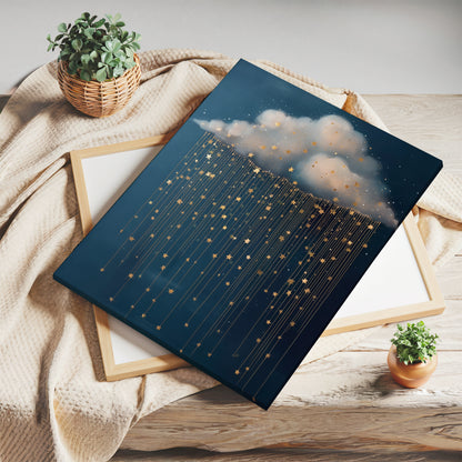 Rain Cloud Canvas Print – Minimalist Wall Art - Maximalist Home Decor - Gold Stars Framed Canvas