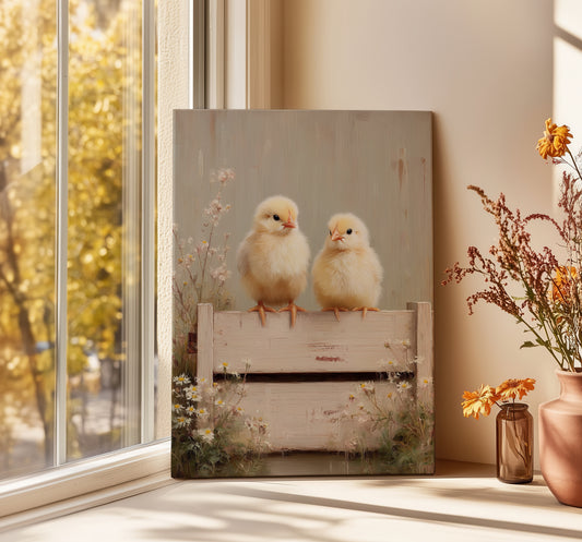 Canvas print of two chicks on a crate with flowers, placed on a windowsill.