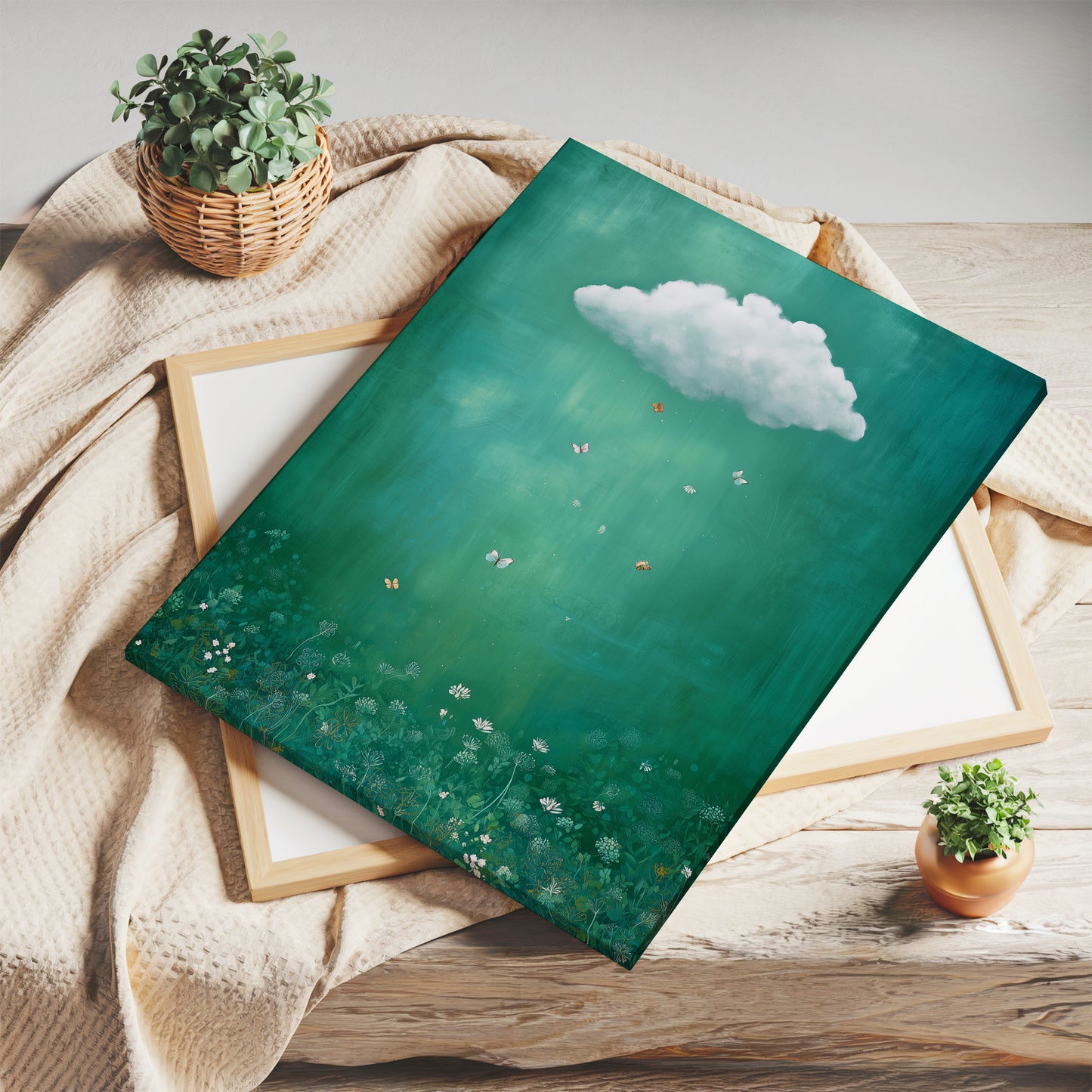 Wildflower Cloud Print – Minimalist Wall Art - Maximalist Home Decor - Teal Cloud Framed Canvas