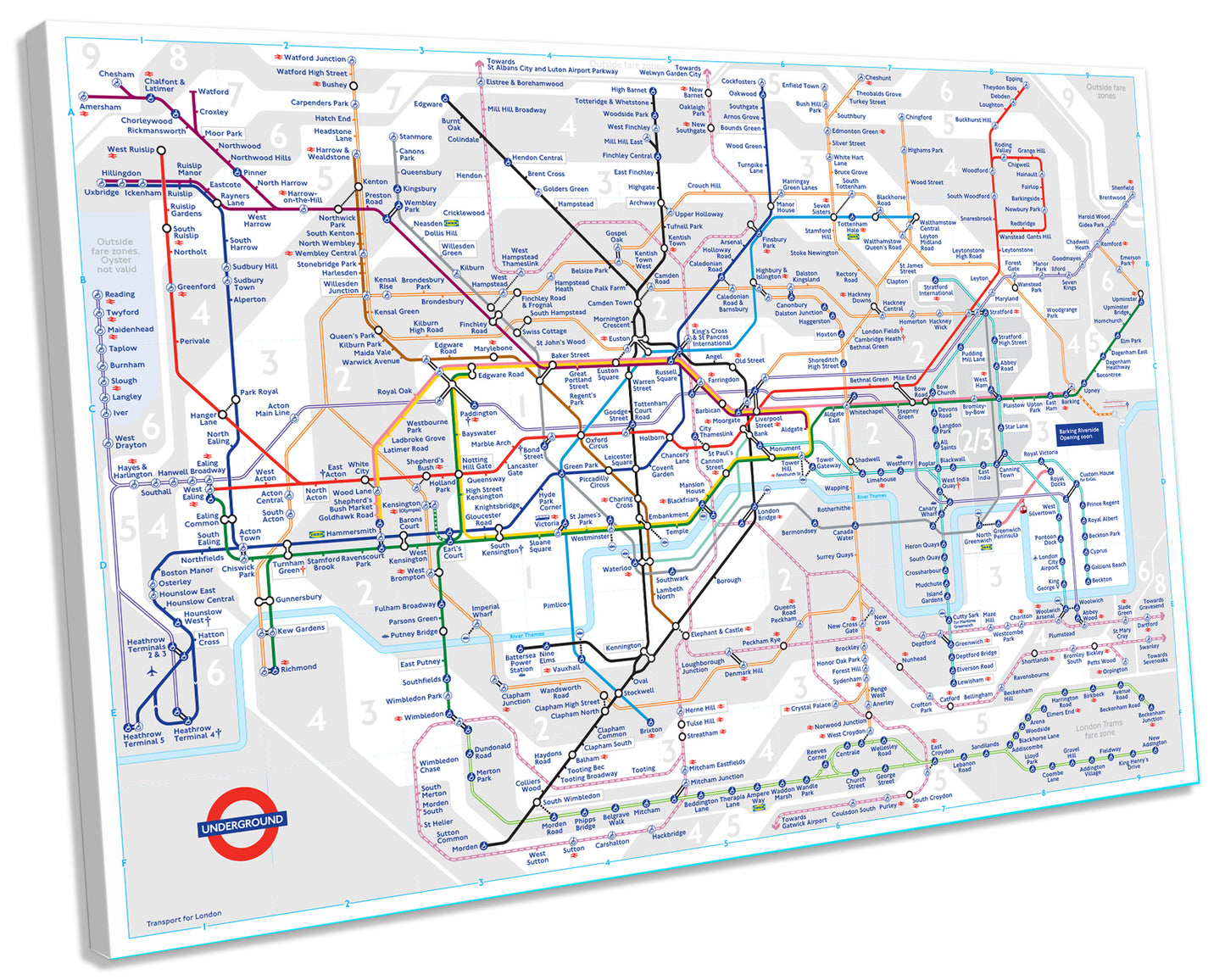 London Underground Map Tube Lines CANVAS WALL ART Box Framed Picture Print