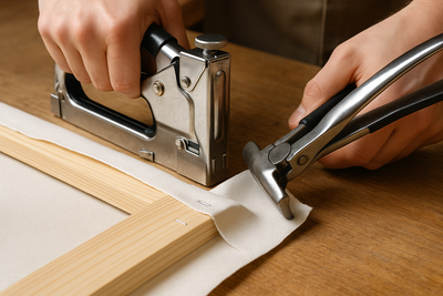 using a handheld stapler and canvas stretcher tools
