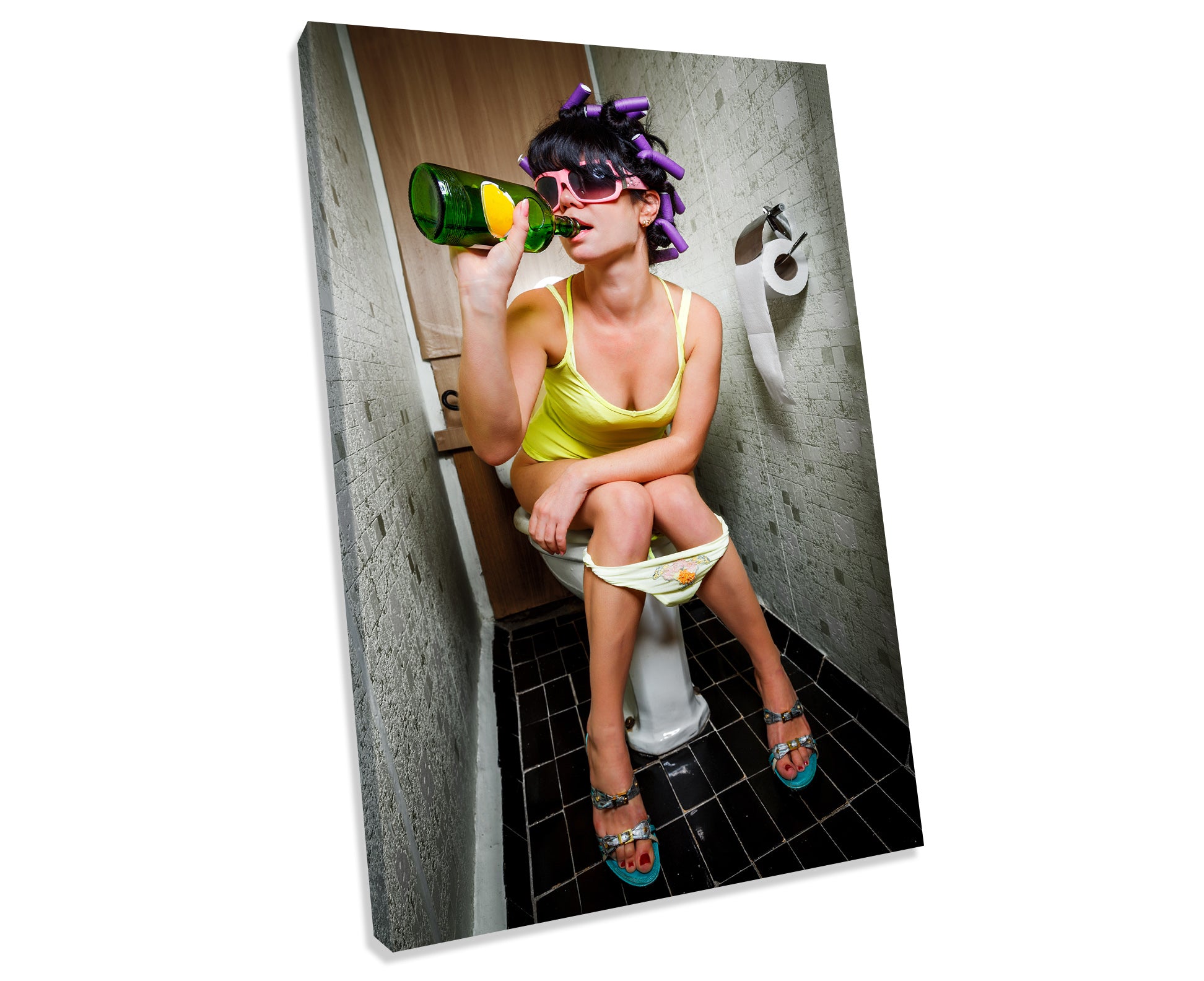 Girl Drinking On Toilet Bathroom CANVAS WALL ART Picture Print