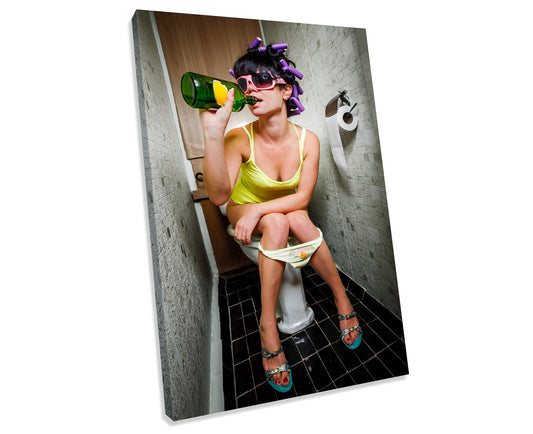 Girl Drinking On Toilet Bathroom CANVAS WALL ART Picture Print