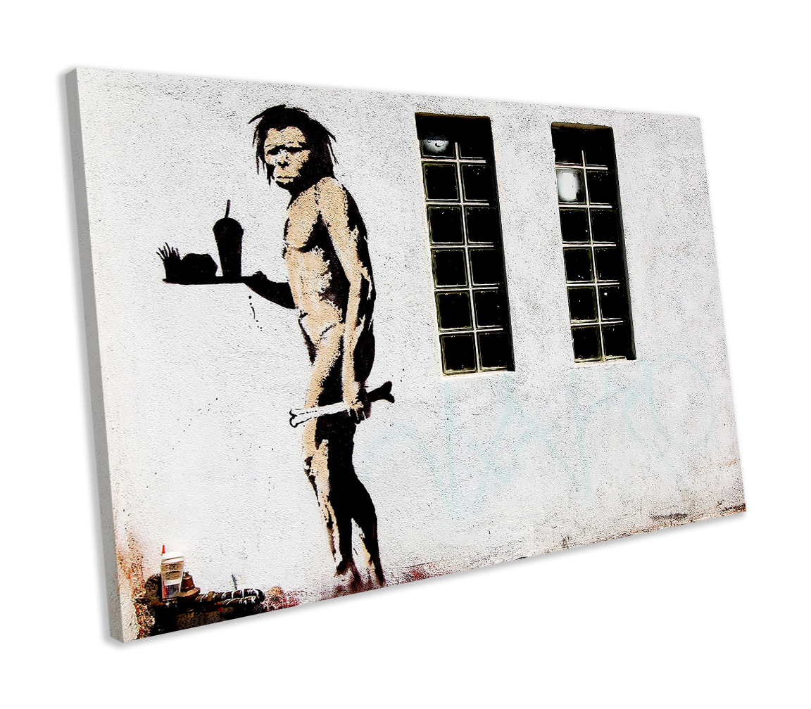 Banksy Caveman Takeaway Graffiti CANVAS WALL ART Box Framed Picture Print