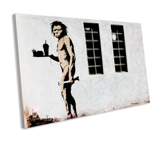 Banksy Caveman Takeaway Graffiti CANVAS WALL ART Box Framed Picture Print