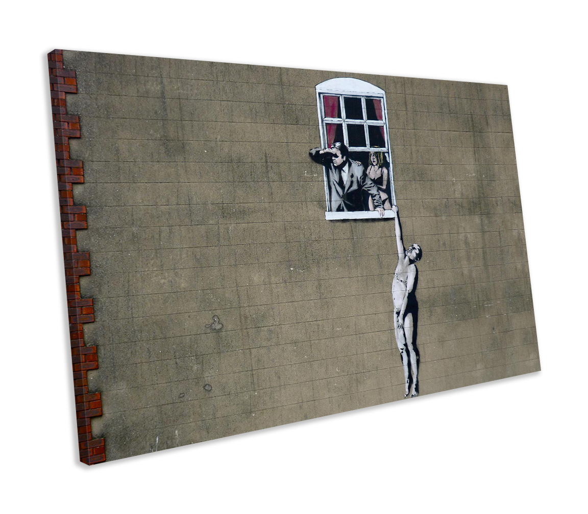 Banksy Man Hanging From Window Graffiti CANVAS WALL ART Box Framed Picture Print