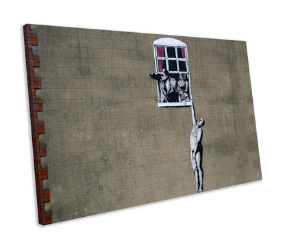 Banksy Man Hanging From Window Graffiti CANVAS WALL ART Box Framed Picture Print