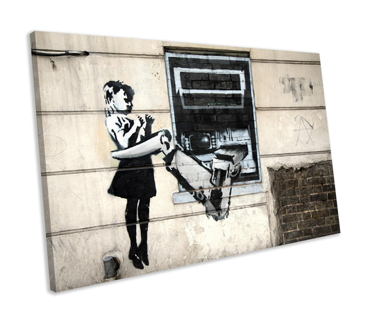 Banksy Cave Cash Machine Girl Graffiti CANVAS WALL ART Box Framed Picture Print