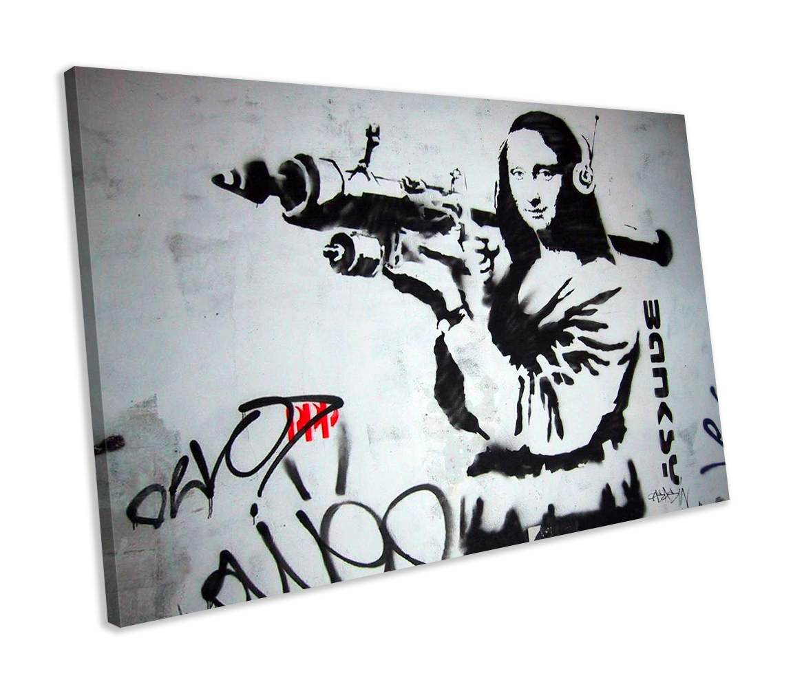 Banksy Mona Lisa With Rocket Launcher Graffiti CANVAS WALL ART Box Framed Picture Print