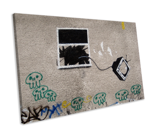 Banksy TV Through Window Graffiti CANVAS WALL ART Box Framed Picture Print