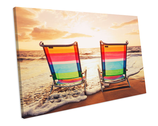 Deck Chairs Beach Wave Water Bathroom CANVAS WALL ART Box Framed Picture Print