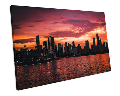 Sunset Chicago Cityscape Ferris Wheel Box framed Canvas Print