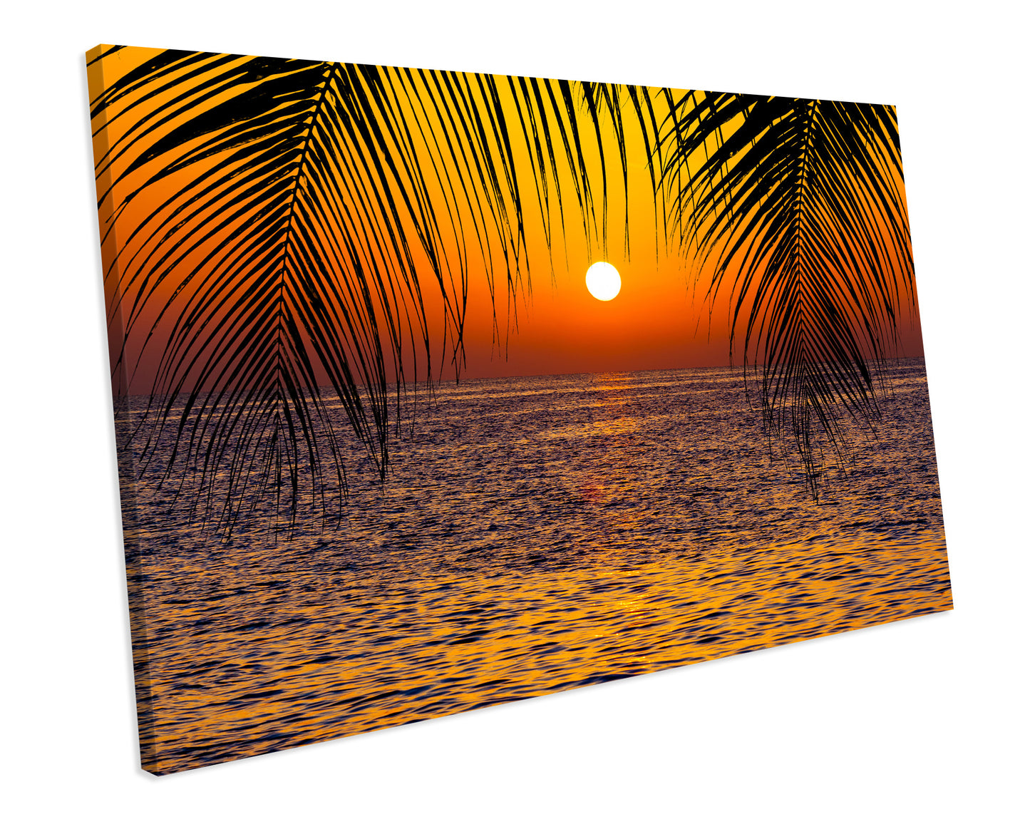 Palm Trees Sunset Ocean Beach Wall Art Framed Canvas Print