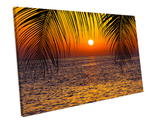 Palm Trees Sunset Ocean Beach Wall Art Framed Canvas Print