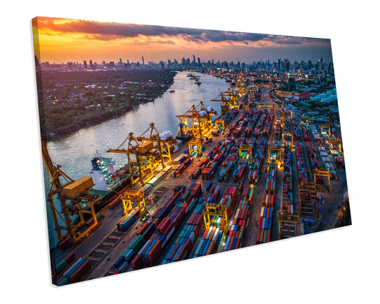 Colourful Cargo Ships Industrial Framed Canvas Art Print
