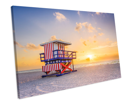 Miami Beach Florida Guard Tower Sunset Box Framed Canvas Print