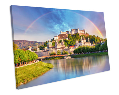 Austria Rainbow Salzburg Castle Landscape Box Framed Canvas Print