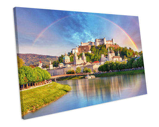 Austria Rainbow Salzburg Castle Landscape Box Framed Canvas Print
