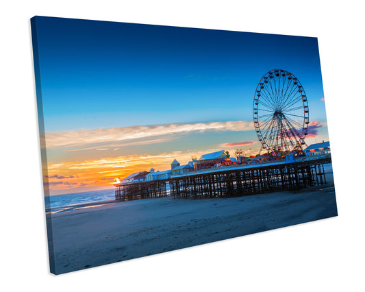 Blackpool Pier Ferris Wheel Sunset Ocean Framed Canvas Print