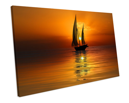 Orange Sunset Ocean Sail Boat Seascape Canvas Print Wall Art