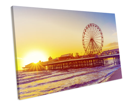 Blackpool Pier Ferris Wheel Sunset Ocean Framed Canvas Print