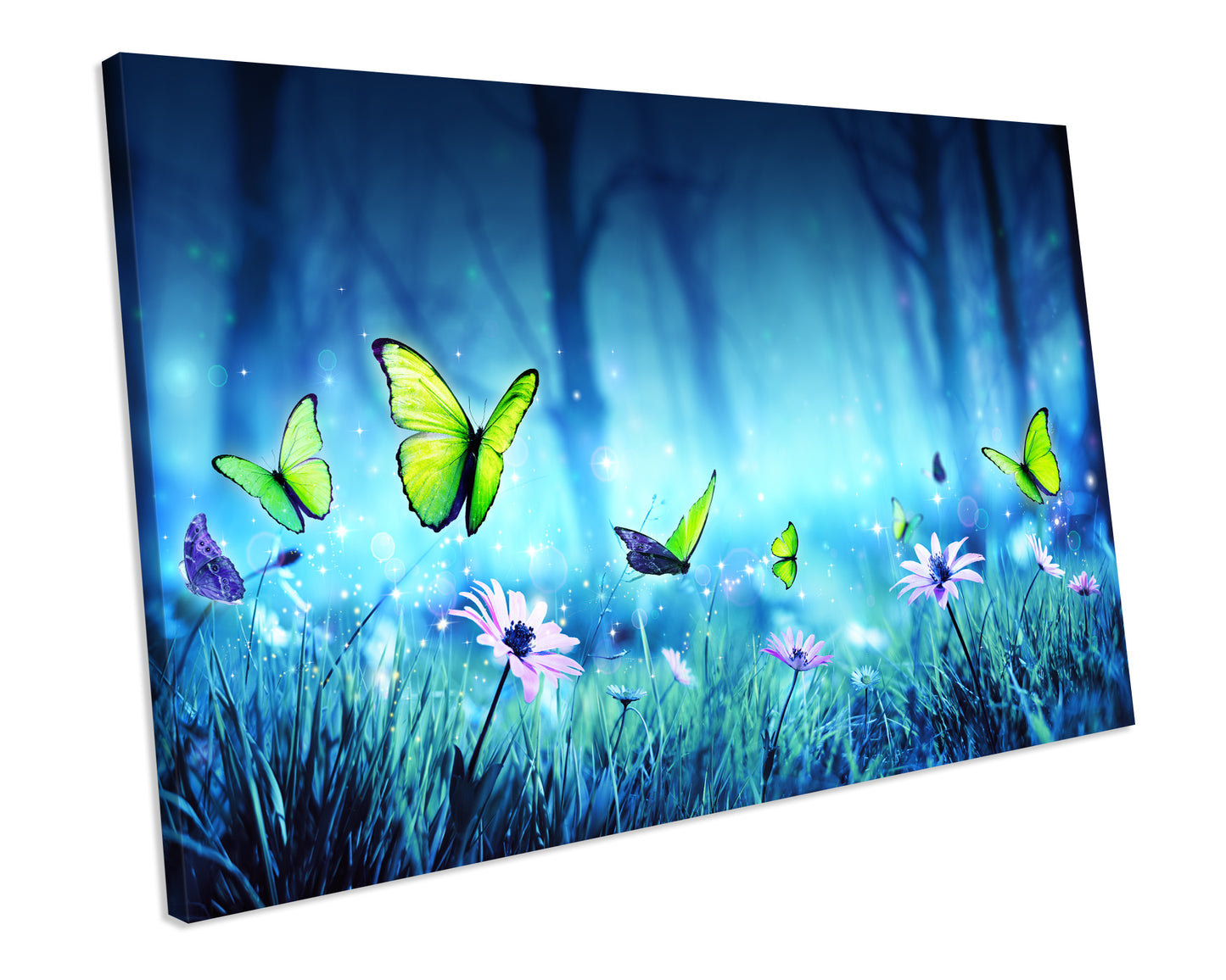Butterfly Flower Blue Picture Canvas Wall Art Framed Print