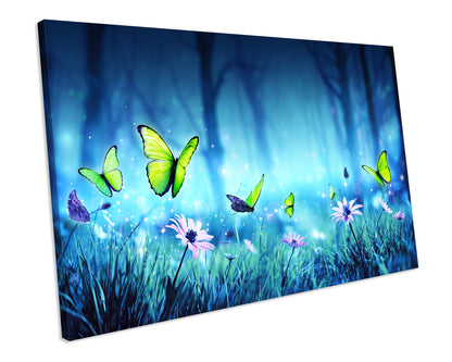 Butterfly Flower Blue Picture Canvas Wall Art Framed Print