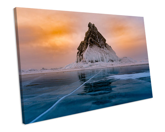 Sunset Frozen Lake Mountain CANVAS WALL ART Picture Print