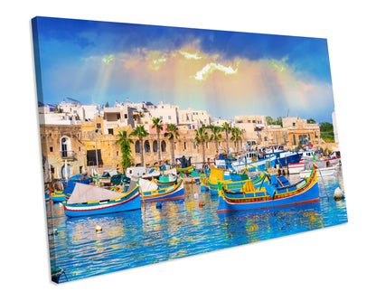 Marsaxlokk Harbor Malta Sunset Framed Picture CANVAS WALL ART Print