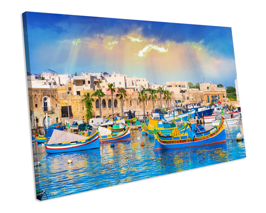 Marsaxlokk Harbor Malta Sunset Framed Picture CANVAS WALL ART Print