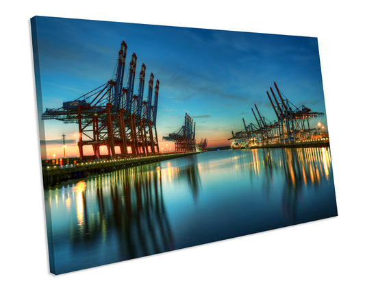 Hamburg Port Sunset Picture Framed Canvas Art Print Framed Ready To Hang