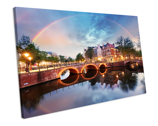 Amsterdam City Bridge Sunset Canvas WALL ART FRAMED Picture Print