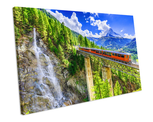 Matterhorn Switzerland Train Waterfall Landscape CANVAS ART PRINT Box Framed Picture