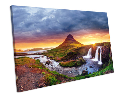 Sunset Waterfall Landscape CANVAS ART PRINT Box Framed Picture