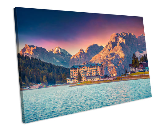 Dolomites Lake Mountains Italy Sunrise CANVAS ART PRINT Box Framed Picture