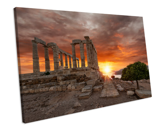 Temple Of Poseidon Greece Sunset Canvas Wall Art Framed picture Print
