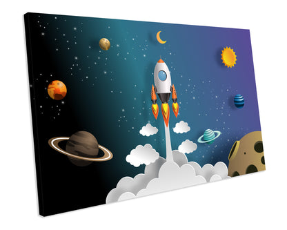 Rocket Spaceship Planet Bedroom Nursery Canvas Wall Artwork Print