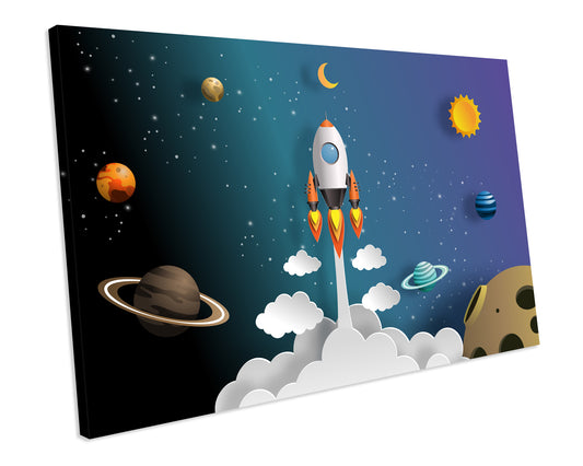 Rocket Spaceship Planet Bedroom Nursery Canvas Wall Artwork Print