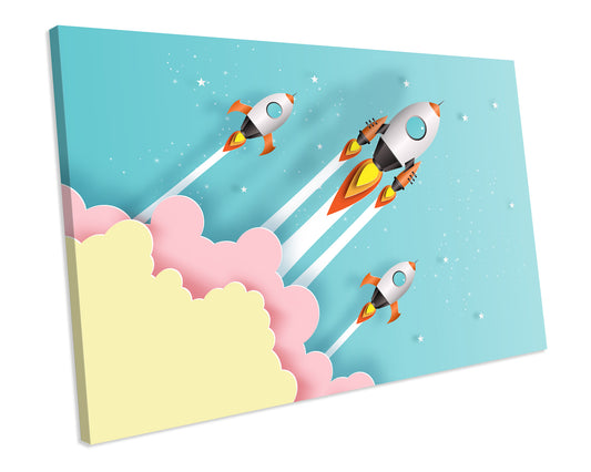 Spaceship Rocket Kids Bedroom Nursery Canvas Wall Artwork Print