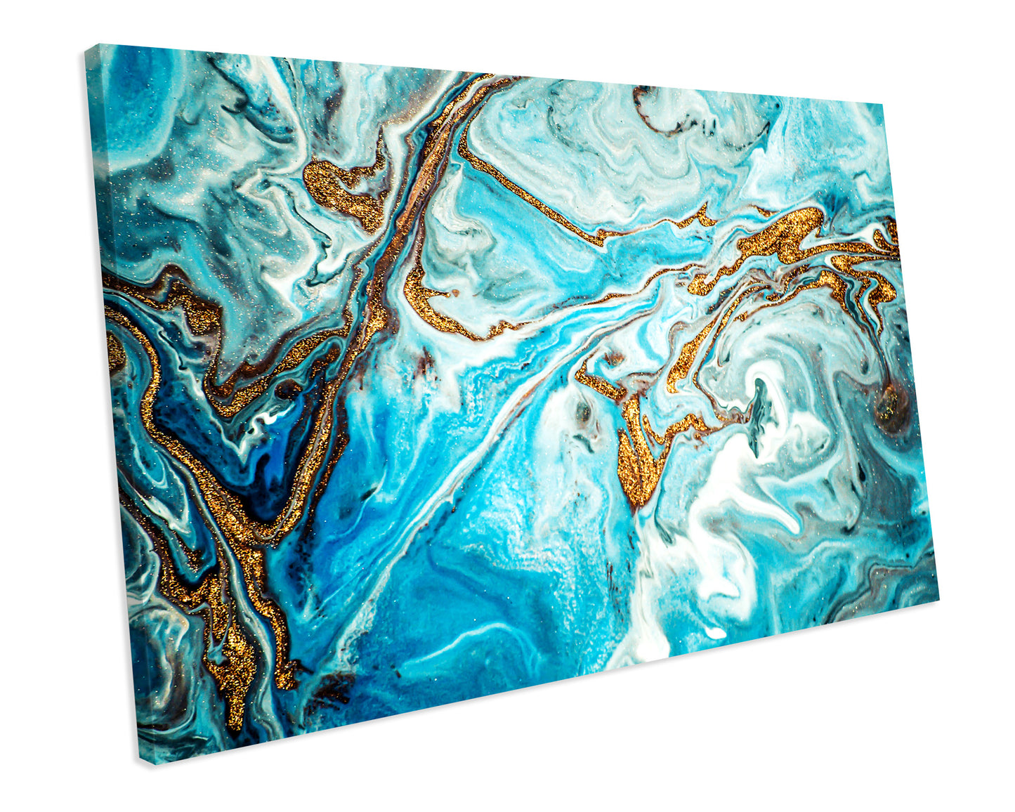 Marble Contemporary Art Gold & Turquoise Box Framed CANVAS WALL ART Picture Print