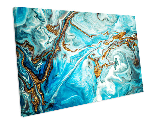 Marble Contemporary Art Gold & Turquoise Box Framed CANVAS WALL ART Picture Print