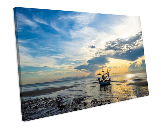 Sunset Boat Seascape Canvas Art Print Framed Picture