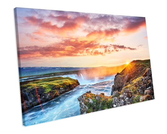 Kirkjufell Iceland Waterfall SUNSET Box Framed CANVAS ART Picture Print