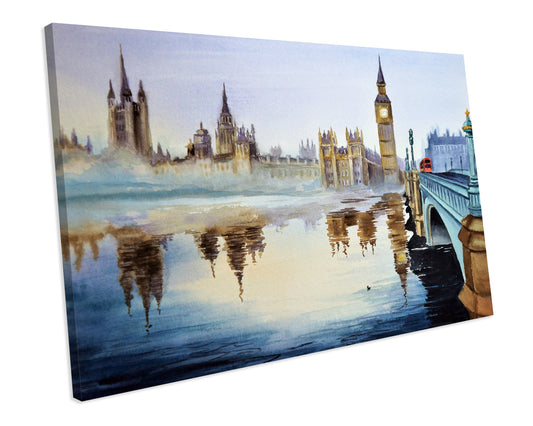 Watercolour Westminster Bridge London Box Framed CANVAS ART PRINT Wall Picture